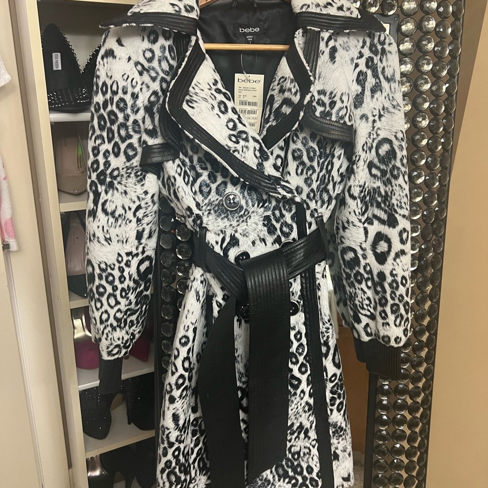 Bebe leopard print long trench coat NWT